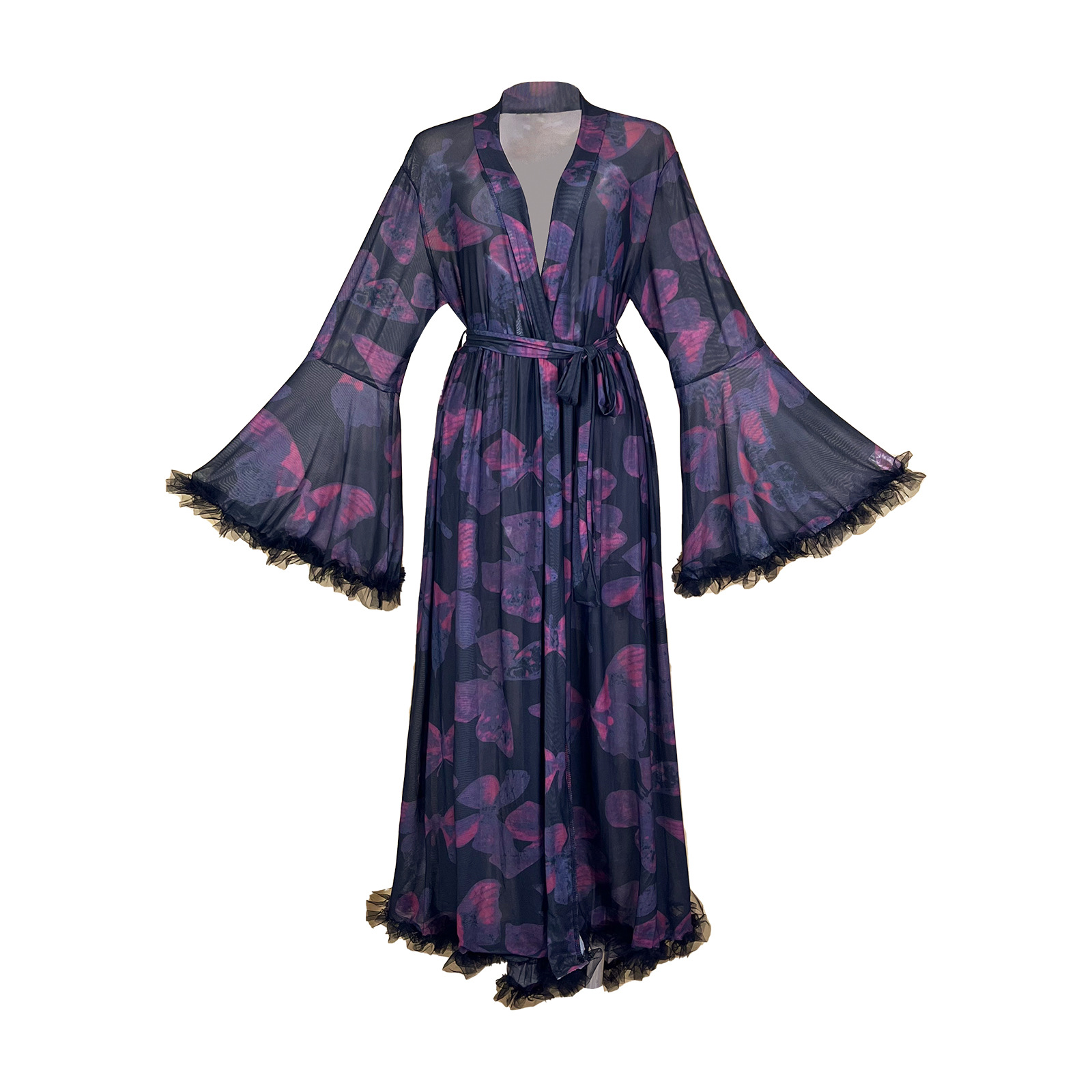 Kimono Sheer Floral - 여름 시스루 프린트 메쉬 로브 플로럴