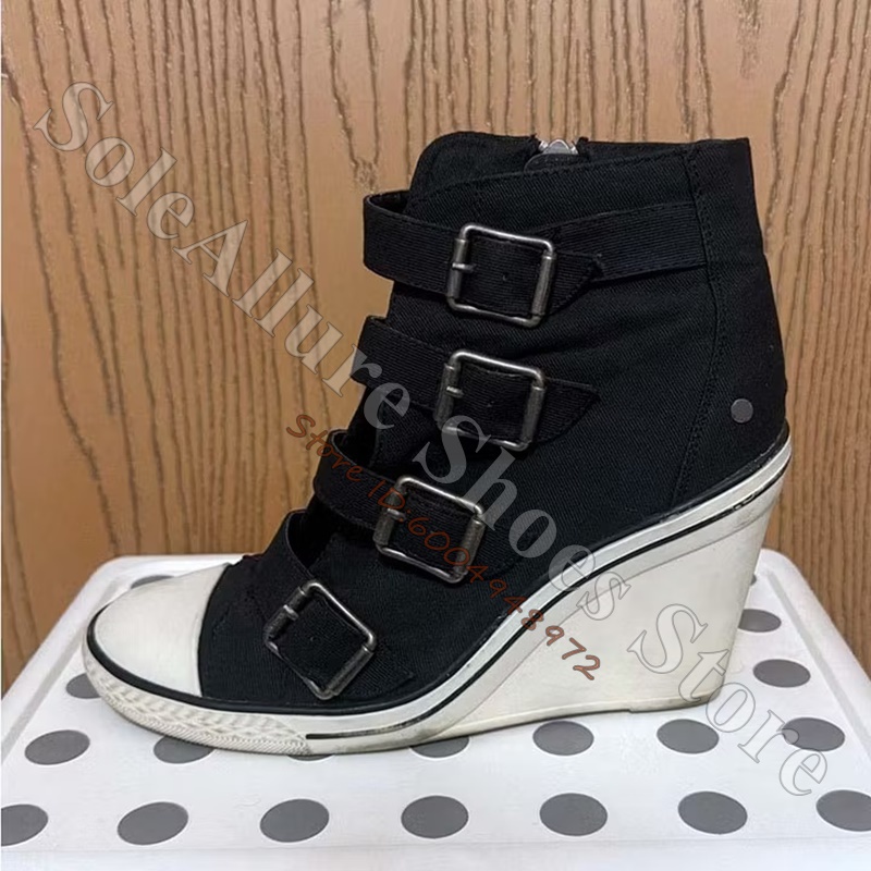 Wedge Espadrille Women - 그레이 멀티 버클 하이탑 웨지 스니커즈